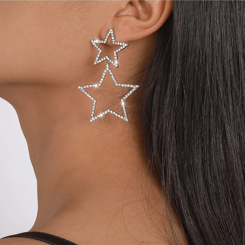 Silver Star Earring for Women Rhinestone Big Star Drop Dangle