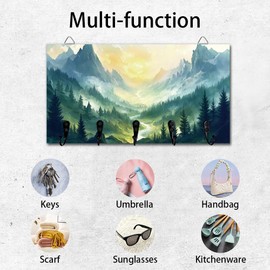 DELORIGIN Forest Mountains Key Holder Key Hooks Wall Mounted Wooden Key Racks Key Storage Organizer Hanger with 5 Key Hooks House Key Holder for Wall Decor Door Entryway Hallway Kitchen New Home Gift