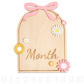 Gosknor Baby Monthly Milestone Card, Bow & Flower Wooden Baby Announcement Disc with 11 Numbers Cute Newborn Milestone Signs Photography Props for Recording Baby’s Growth