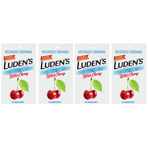 Luden's Sugar Free Wild Cherry Throat Drops, Sore Throat Relief, 25 Count (4 Pack)