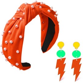 FSLLZCJY Neon Earrings and Headband 80s 90s Pearl Knotted Headband Acrylic Drop Earring Retro Costume Party Accessories 80s Outfit for Women (Orange, One Size)