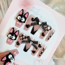 Handmade Black Cat Nail Tip, Ribbon, 3D Nail Art, False Nail Design, 24 Pieces, Popular, Cute, Simple, Stylish, Fashion