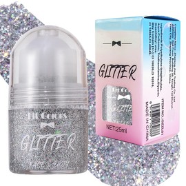 Roll-on Body Glitter Gel, Glitter Gel Roll On for Glitter, Mermaid Sequins Glitter Face, Liquid Festival Accessories, Face Paint Holographic for Body Face Hair, Glitter Hair, 25 ml Silver