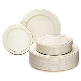OCCASIONS 120 Plates Pack,(60 Guests) Heavyweight Premium Wedding Party Disposable Plastic Plates Set -60 x 10.5'' Dinner + 60 x 7.5'' Salad/Dessert (Ivory & Gold Rim)