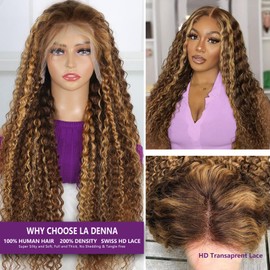 13x6 Ombre Blonde Mongolian Curly Lace Front Wigs Human Hair Brown Blonde Highlight HD Transparent Wig with Baby Hair Honey Blonde Deep Curly Wigs Human Hair 200% Density 18 Inch