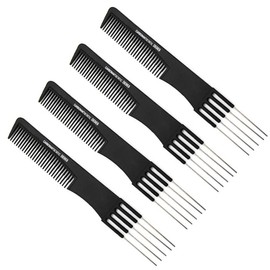 4 Pack Black Carbon Lift Teasing Combs with Metal Prong,Strength Professional Hair Styling Comb for Women Men,Styling Lifting Back Hair Comb with Stainless Steel Lift