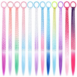 12Pcs Colored Hair Extensions, Ponytail Braiding Hair, Rainbow Braiding Hairs Braided Hairs Extensions, Colorful Wigs Accessories for Daily Party Festival Holiday Christmas
