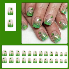 LBPEPAMZ 24Pcs St. Patrick's Day Press on Nails Short Square Fake Nails with Shamrock Design Green Glitter Gradient French Tips Stick on Nails Full Cover Artificial False Nails for Women Manicure DIY