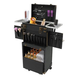 Rolling Cosmetic Case Makeup Suitcase Professional Organiszer Box Hairdressing Tool Travel Make Up Lockable Salon Trolley Cases Organizers And Storage For Hairstylists Beauticians Artists (Black)