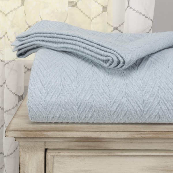 SUPERIOR 100% Cotton Thermal Blanket - All-Season Oversized Throw, Woven Blanket with Herringbone Weave Pattern, Light Blue, Full/Queen Size