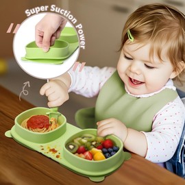 Silicone Foldable Novelty Dinner Plates,Suction Plates for Baby Travel Essential with Forks and Spoons,Microwave & Dishwasher Safe,Green