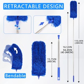 110 inches Long Handle Duster Tool for Cleaning High Ceilings and Ceiling Fans, Extendable Microfiber Long Duster with Telescopic Pole & Bendable Head for Blinds, Furniture, Cobwebs & Cars – Blue