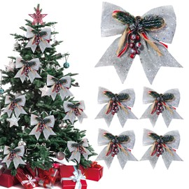 SilverChry Christmas Bows Silver - Pack of 5 Glitter Christmas Bows Bows Christmas Decoration with Pine Cones, Gift Bows for Christmas Trees, Parties, Gift Boxes