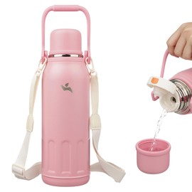 Insulated Water Bottle with Handle and Strap,Vacuum Travel Tumbler with Cup Lid,Thermo Coffee Cup for Hot Cold Drinks 50 OZ,Pink