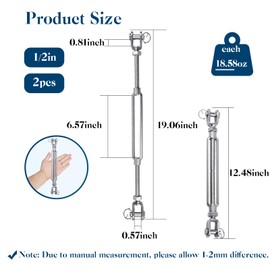 Jaw & Jaw Turnbuckle, Sunxer Tool Turnbuckles 304 Stainless Steel Heavy Duty Adjustable Tensioner for Cable Tensioning Shade Sails Tractor 1100 lbs Load (1/2" (M12)-2pcs)