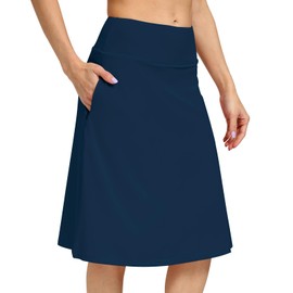 Womens-Modest-Midi-Skorts Knee-Length Skirt Built-in Impromptu-Getaways Elastic-Waist-Hidden - Drawstring Zippered Pockets (Navy L)