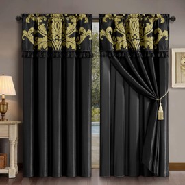 Chezmoi Collection Royale 4-Piece Jacquard Floral Window Curtain/Drape Set with Sheer Backing Valance Tassels, Black/Gold
