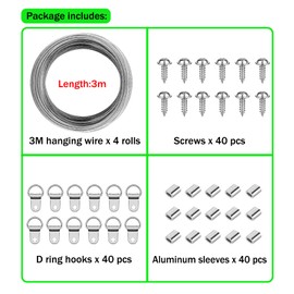 Yitla Picture Hanging Wire and Hooks kit,Picture Frame Hooks Picture Hanging Kit with Wire,D Ring Picture Hangers,Crimping Loop Sleeve and Screws. (Set A,124pcs)