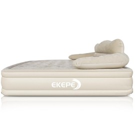 EKEPE Queen Air Mattress with Headboard,18in Height Inflatable Bed with Removable Electric Pump for Camping & Home - Color: Queen With Headboard - Beige