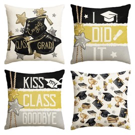 AVOIN colorlife Congrats Graduate Diploma Cap Throw Pillow Covers, 18 x 18 Inch Proud Kiss My Class Goodbye You Did It Cushion Case for Sofa Couch Set of 4