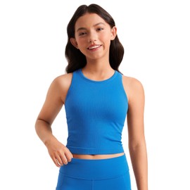 CRZ YOGA Girls Seamless Ribbed Longline Sports Bra - High Neck Racerback Training Yoga Bra for Teens Kids Dance Crop Top Sparkle Blue Medium