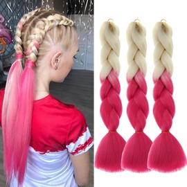 Sakkou Ombre Red Braiding Hair 3pcs Beige Off-White To Red Jumbo Braiding Hair For Braids 24inch Sythetic Fake Braiding Hair Extensions(Beige to RoseRed)