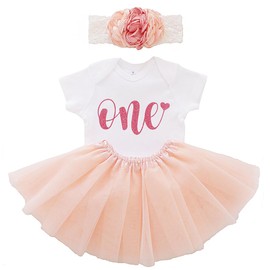 LilPinkGoose Baby Girls 1st Birthday Outfits Rose Glitter Bodysuit Peach Ballet TUTU Skirt Sets (Peach Short Sleeve, 12 Months)