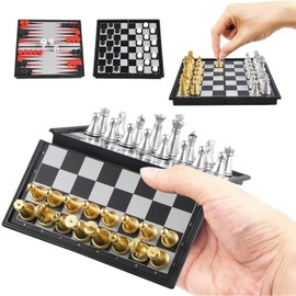 OUMODA 5'' Mini 3 in 1 Chess Checkers Backgammon Set Magnetic Folding Travel Chess Board with Instructions 2 Players for Kids and Adults