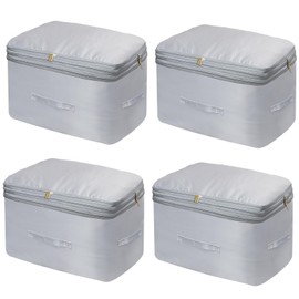 2025 Ultra Space Saving Self Compression Organizers, 4 Pack Double Zipper Compression Packing Cubes for Bedding, Comforter Storage Bag for Blankets Duvet Quilts Pillows Queen King (Gray, X-Large)