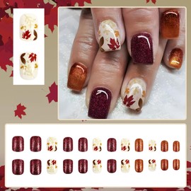 Fall Square Press on Nails - Glossy Thanksgiving Fake Nails, Maple Leaf Designs, Artificial Stick on Nails, Reusable, Suitable for Women Girls DIY Nails - 24Pcs
