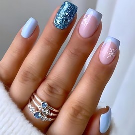 Snowflake Press on Nails French Tip Fake Nails Christmas Glue on Nails Full Cover Acrylic Nails Winter Xmas Stick on Nails Blue Square False Nails Reusable Artificial Nails DIY Christmas Nail Art