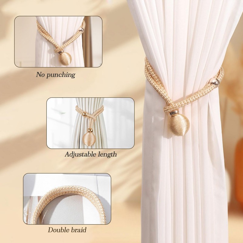 SanKristo Curtain Tiebacks 4 pcs, No Punching Adjustable Length with