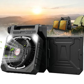 22000mAh Camping Solar Fan, 10" Dual-Panel Rechargeable Solar Powered Fan with LED Light and Arc Flashlight, LED Digital Display, 180° Swivel Oscillating, Portable Table Fans for Picnic, Barbecue