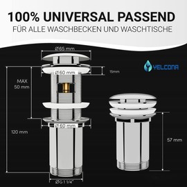 Yelcona Universal Drain Fitting with Overflow - Pop Up Valve for Sink and Washbasin - Brass Drain Valve Drain Fitting (Chrome - with Overflow)