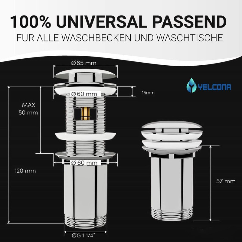 Yelcona Universal Drain Fitting with Overflow - Pop Up Valve