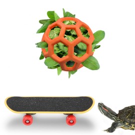 Tortoise Mini Skateboard and Orange Treat Ball set Tortoise Toy Feeding Balls Vegetable Grass for Small Animals Pets Encourages Foraging Behaviors,Mini Skateboard Keeps Pets Entertained (Orange)