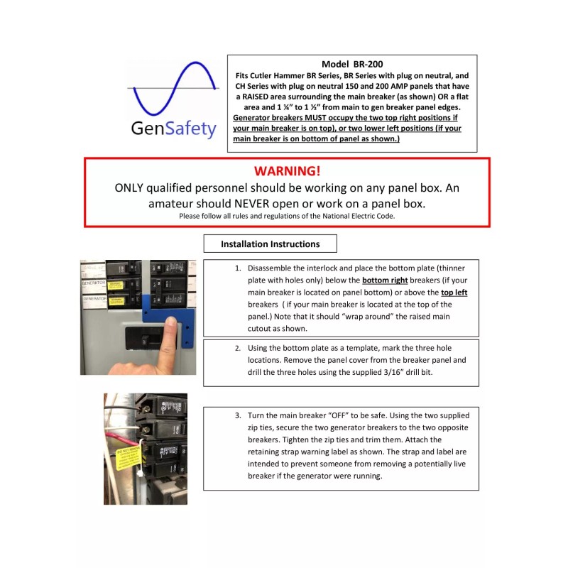 GenSafety BR200 Generator Interlock Kit Eaton / Cutler Hammer or