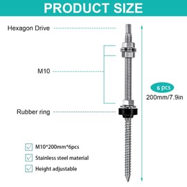 Hanger Bolts M10 x 200 mm Hanger Bolts PV System (Pack of 6) Stainless Steel Height Adjustable Hanger Bolt Dowels for Photovoltaic Solar Mounting on Building Roofs Material: Stainless Steel (SUS304)