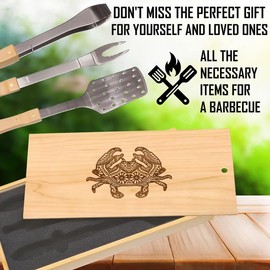 Mirrored Patterned Crab BBQ Tool Set: High-Quality Stainless Steel Spatula, Tongs & Fork, Ideal for Seafood Enthusiasts, Custom Box with Balanced Crab Design, Perfect for Coastal Cooking