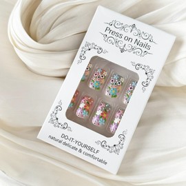 24pcs Floral Press on Nails Short Square Fake Nails with 3D Flower Charm designs Spring Summer False Nails Full Cover Pink Blue False Nails Gradient Acrylic Nails Pretty Glue on Nails for Women