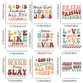 9/12Pcs,Pocket Size Jesus Vinyl Iron-on Heat Transfer Stickers, Floral Letters, God Pray Religious Themes, for DIY Clothing, T-Shirt, Mask, Jeans, Backpack (JG-14)