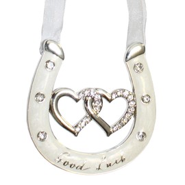 Wedding Good Luck Double Heart Horseshoe with Diamanté Silver Plated/Enamel