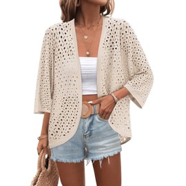 Zeagoo Womens Summer Crochet Cardigan Sweaters Lightweight Open Front 3/4 Sleeve Batwing Kimono Boho Knit Cover Ups 2025 Apricot