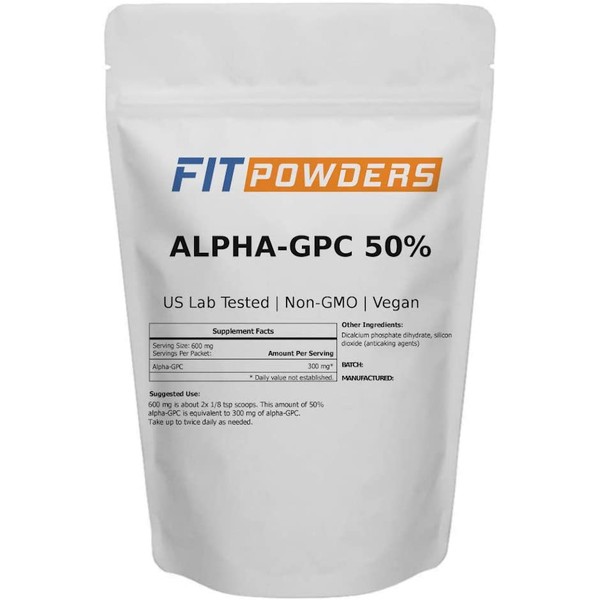 Alpha-GPC Powder 50% Non-Clumping Choline by FitPowders, Non-GMO, Vegan, Support Memory and Focus, with Scoop (25 Grams)