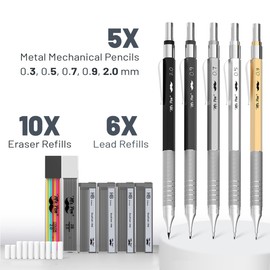 Mr. Pen- Metal Mechanical Pencil Set with Leads and Eraser Refills, 5 Sizes - 0.3, 0.5, 0.7, 0.9 and 2 Millimeters, Sketching/ Drafting Pencil