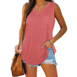 Tank Tops for Women Plus Size V Neck Summer Casual Cute Flowy Tops Coral 3XL