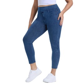 LighterGlide Women Plus Size 1X-4X High Waist Knit Denim Jegging Tummy Control Stretch Jean Pull-On Pant Blue