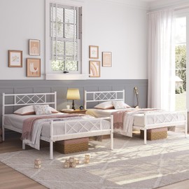 Yaheetech White Twin Metal Platform Bed Frame Mattress Foundation with Headboard and Footboard Under Bed Storage Steel Slats No Box Spring Needed 2Pcs