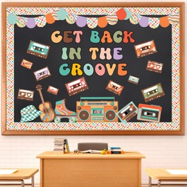FYSUIMU 86Pcs Music Retro Bulletin Board Decor Set Guitar Boombox Cassette Tapes Checkered Plaid Paper Cutouts with 160Pcs Glue Points for Back to School Classroom Party