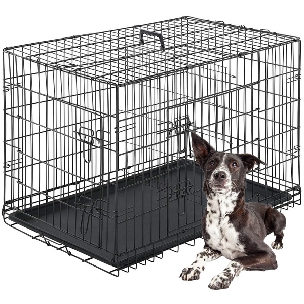 FDW Dog Crate Dog Cage Pet Crate for Large Dogs Folding Metal Pet Cage Double Door W/Divider Panel Indoor Outdoor Dog Kennel Leak-Proof Plastic Tray Wire Animal Cage (Black, 42 Inch)